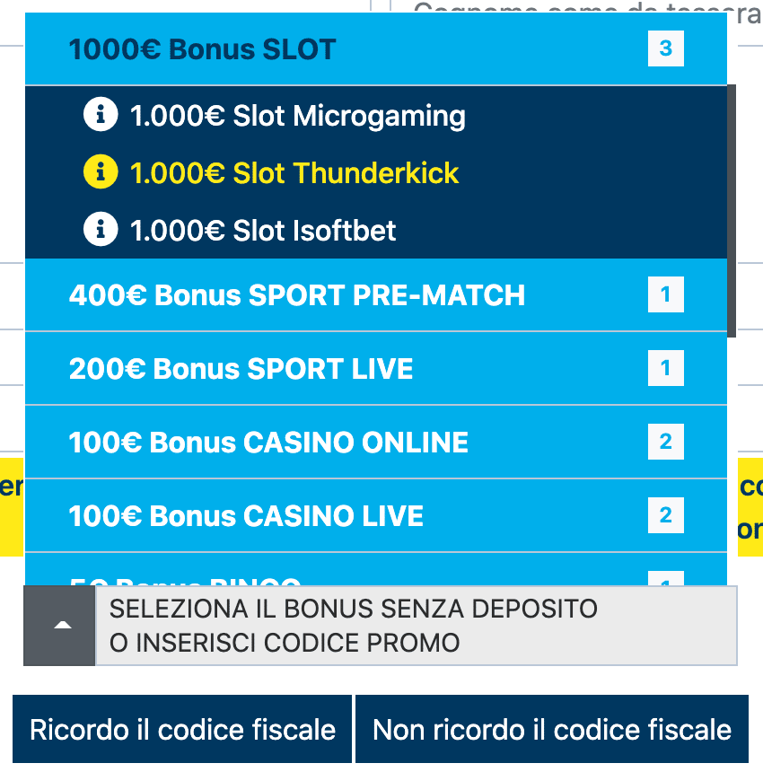 Selezioniamo il bonus Slot da 1000€