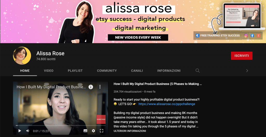 Canale YouTube di Alissa Rose che di certo non fallisce con Etsy