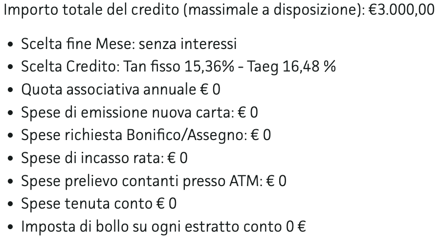 Costo di gestione della carta di credito, non associata al conto corrente Findomestic