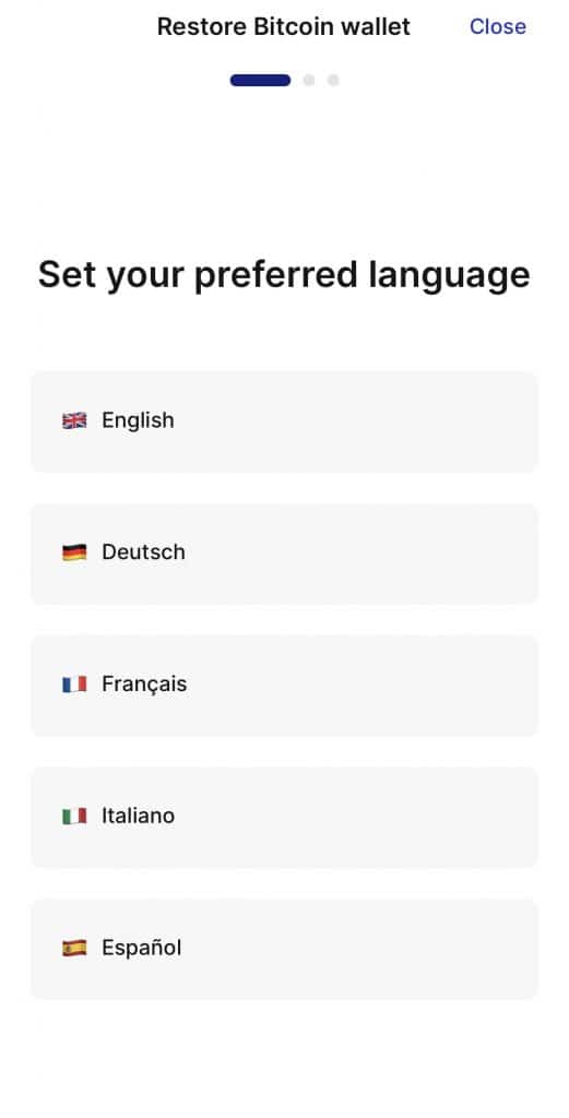 To set up a new wallet on Relai we must first select the language