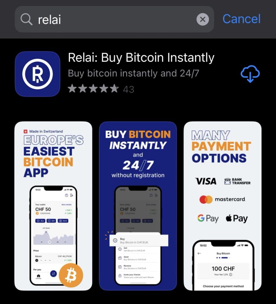To install Relai and buy BTC, we must first download the app from the store