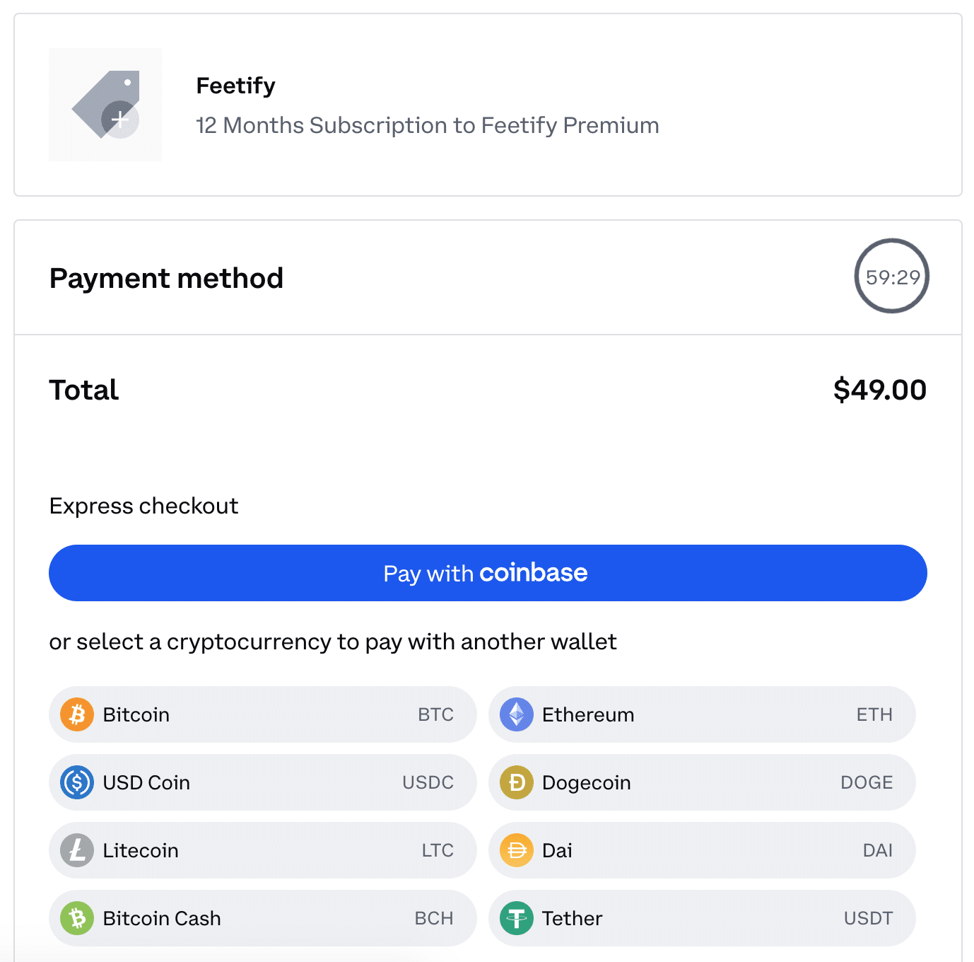Su Feetify puoi pagare l'abbonamento premium di 49$ all'anno solo con le crypto