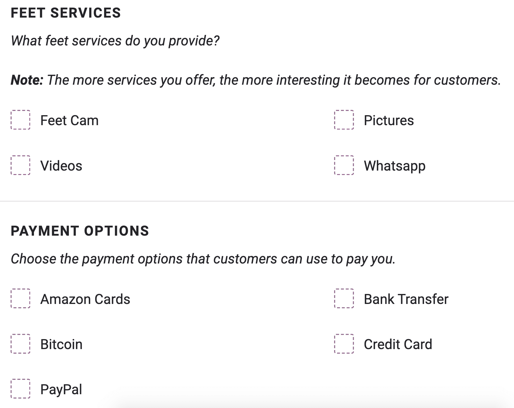 List of services and payment methods you can offer on Feetpics